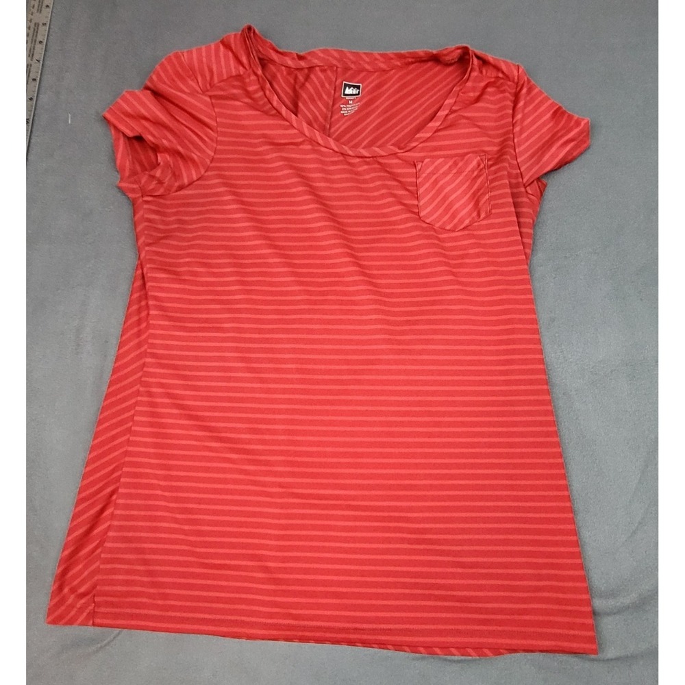 REI Co-op Red Striped Active Pursuits T-Shirt Womens Red Pocket Performance